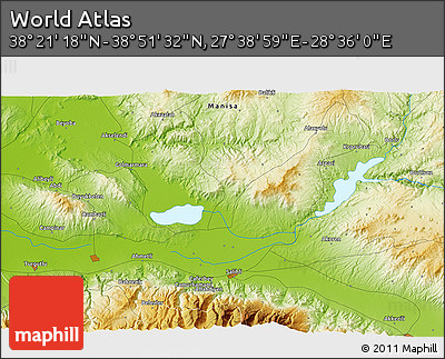 Physical 3D Map of the Area around 38° 36' 25" N, 28° 7' 30" E