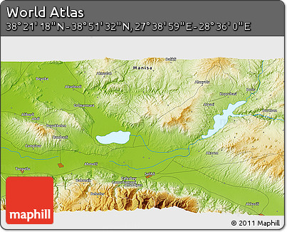Physical 3D Map of the Area around 38° 36' 25" N, 28° 7' 30" E