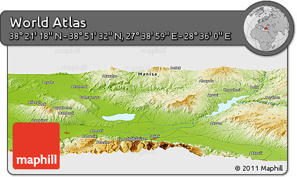 Physical Panoramic Map of the Area around 38° 36' 25" N, 28° 7' 30" E