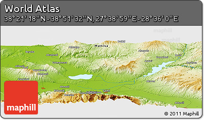 Physical Panoramic Map of the Area around 38° 36' 25" N, 28° 7' 30" E
