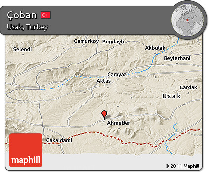 Shaded Relief Panoramic Map of Çoban