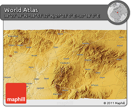Physical 3D Map of the Area around 38° 36' 25" N, 29° 49' 30" E
