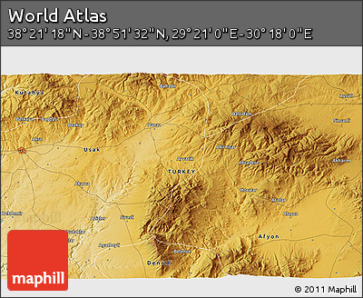 Physical 3D Map of the Area around 38° 36' 25" N, 29° 49' 30" E