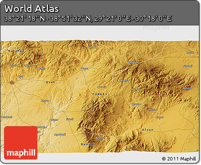 Physical 3D Map of the Area around 38° 36' 25" N, 29° 49' 30" E