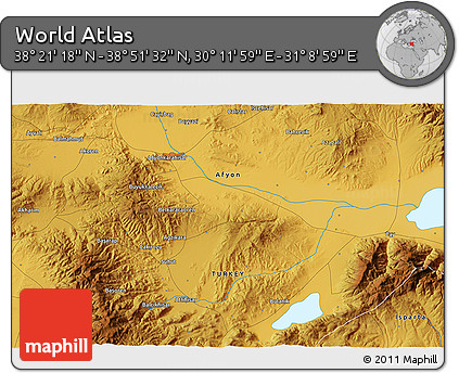 Physical 3D Map of the Area around 38° 36' 25" N, 30° 40' 29" E