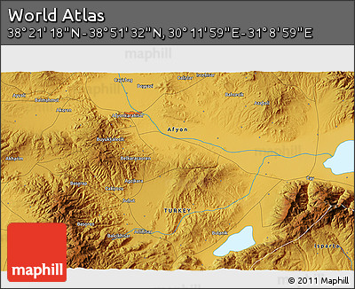 Physical 3D Map of the Area around 38° 36' 25" N, 30° 40' 29" E