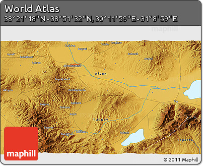 Physical 3D Map of the Area around 38° 36' 25" N, 30° 40' 29" E