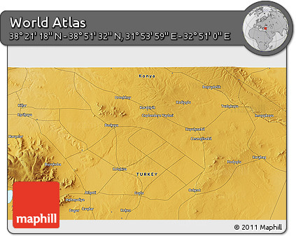 Physical 3D Map of the Area around 38° 36' 25" N, 32° 22' 30" E