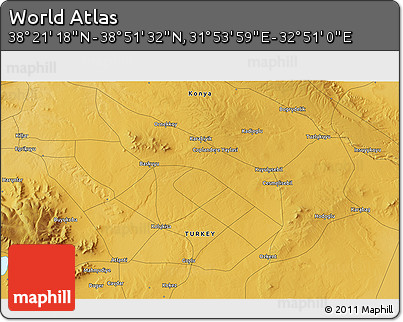Physical 3D Map of the Area around 38° 36' 25" N, 32° 22' 30" E
