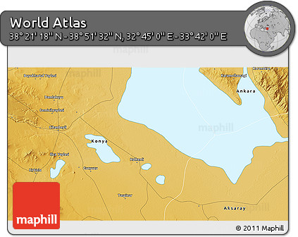 Physical 3D Map of the Area around 38° 36' 25" N, 33° 13' 30" E