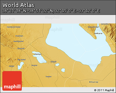 Physical 3D Map of the Area around 38° 36' 25" N, 33° 13' 30" E