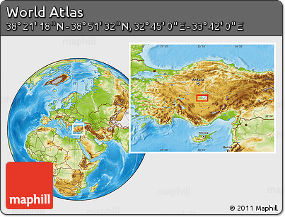 Physical Location Map of the Area around 38° 36' 25" N, 33° 13' 30" E