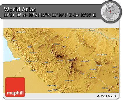 Physical 3D Map of the Area around 38° 36' 25" N, 34° 4' 30" E