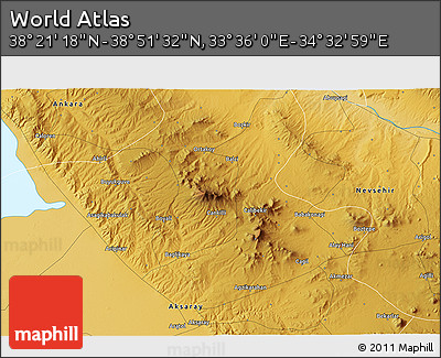 Physical 3D Map of the Area around 38° 36' 25" N, 34° 4' 30" E