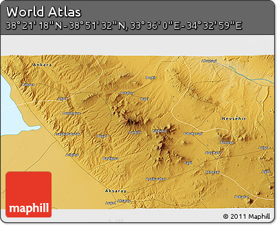 Physical 3D Map of the Area around 38° 36' 25" N, 34° 4' 30" E