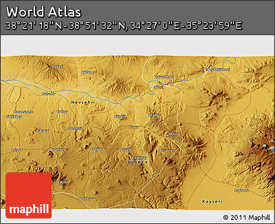 Physical 3D Map of the Area around 38° 36' 25" N, 34° 55' 29" E