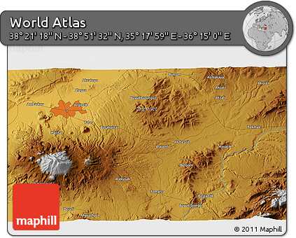 Physical 3D Map of the Area around 38° 36' 25" N, 35° 46' 29" E
