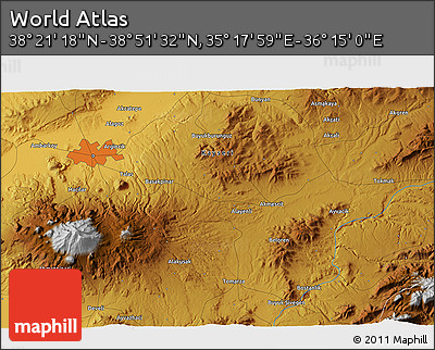 Physical 3D Map of the Area around 38° 36' 25" N, 35° 46' 29" E