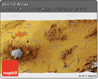 Physical 3D Map of the Area around 38° 36' 25" N, 35° 46' 29" E