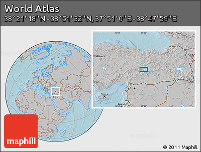 Gray Location Map of the Area around 38° 36' 25" N, 38° 19' 30" E, hill shading