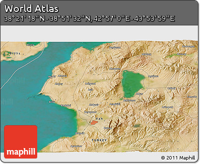Satellite 3D Map of the Area around 38° 36' 25" N, 43° 25' 29" E