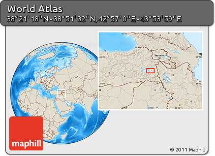 Shaded Relief Location Map of the Area around 38° 36' 25" N, 43° 25' 29" E