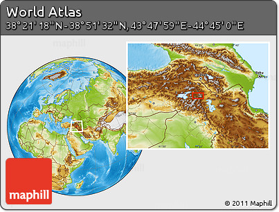 Physical Location Map of the Area around 38° 36' 25" N, 44° 16' 29" E