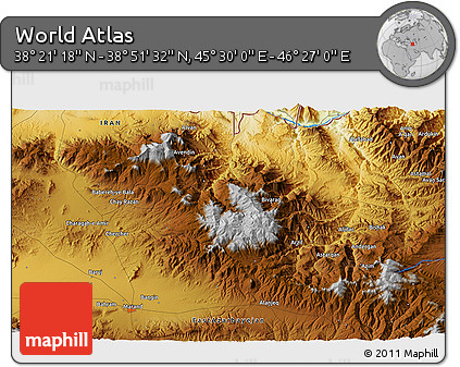 Physical 3D Map of the Area around 38° 36' 25" N, 45° 58' 30" E
