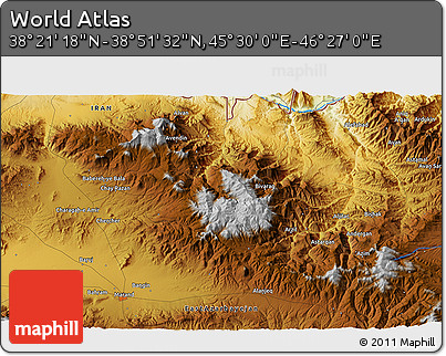 Physical 3D Map of the Area around 38° 36' 25" N, 45° 58' 30" E