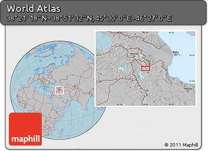 Gray Location Map of the Area around 38° 36' 25" N, 45° 58' 30" E, hill shading