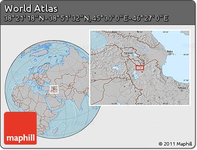 Gray Location Map of the Area around 38° 36' 25" N, 45° 58' 30" E, hill shading