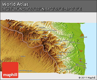 Physical 3D Map of the Area around 38° 36' 25" N, 48° 31' 29" E
