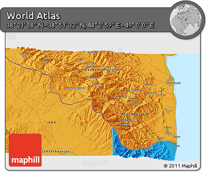 Political 3D Map of the Area around 38° 36' 25" N, 48° 31' 29" E