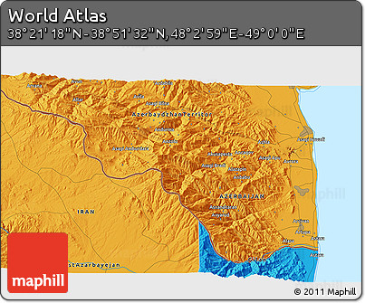 Political 3D Map of the Area around 38° 36' 25" N, 48° 31' 29" E