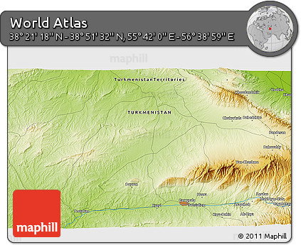Physical 3D Map of the Area around 38° 36' 25" N, 56° 10' 29" E