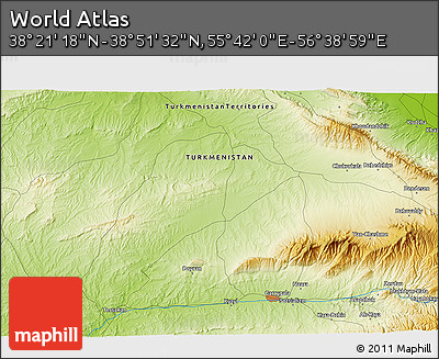Physical 3D Map of the Area around 38° 36' 25" N, 56° 10' 29" E