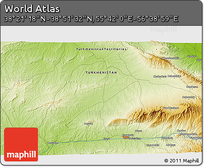Physical 3D Map of the Area around 38° 36' 25" N, 56° 10' 29" E