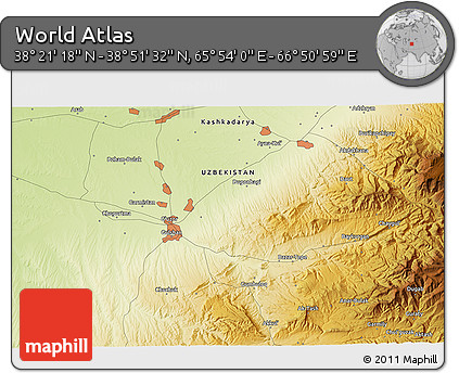 Physical 3D Map of the Area around 38° 36' 25" N, 66° 22' 30" E