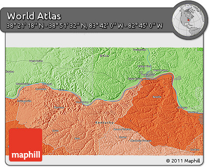 Political 3D Map of the Area around 38° 36' 25" N, 83° 13' 29" W