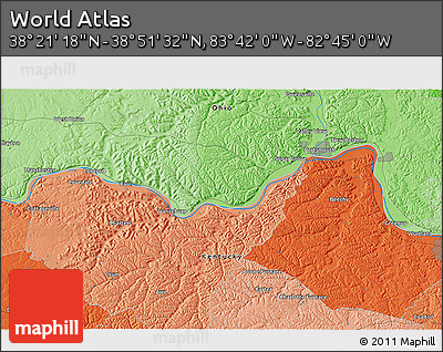 Political 3D Map of the Area around 38° 36' 25" N, 83° 13' 29" W