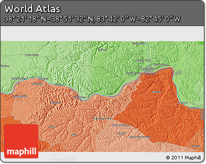 Political 3D Map of the Area around 38° 36' 25" N, 83° 13' 29" W