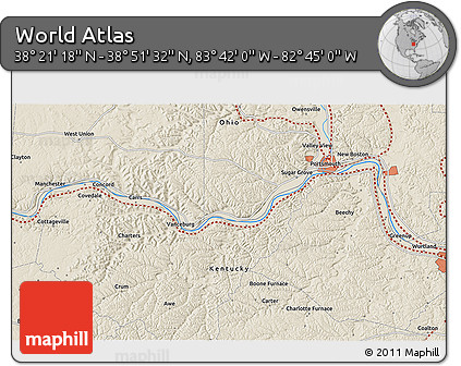 Shaded Relief 3D Map of the Area around 38° 36' 25" N, 83° 13' 29" W