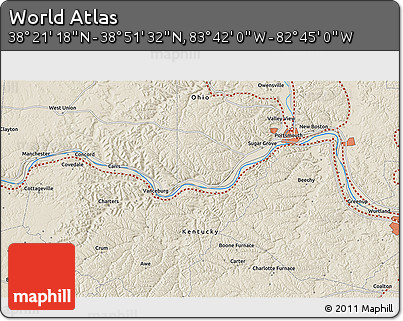Shaded Relief 3D Map of the Area around 38° 36' 25" N, 83° 13' 29" W