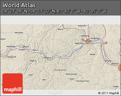 Shaded Relief 3D Map of the Area around 38° 36' 25" N, 83° 13' 29" W
