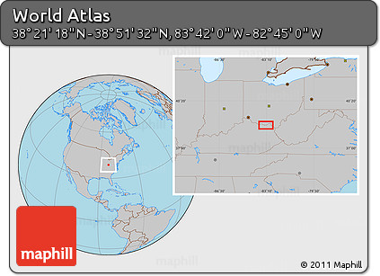 Gray Location Map of the Area around 38° 36' 25" N, 83° 13' 29" W