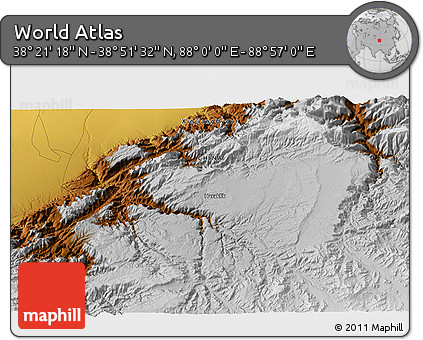 Physical 3D Map of the Area around 38° 36' 25" N, 88° 28' 29" E
