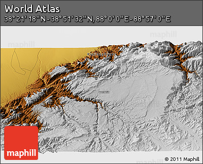 Physical 3D Map of the Area around 38° 36' 25" N, 88° 28' 29" E