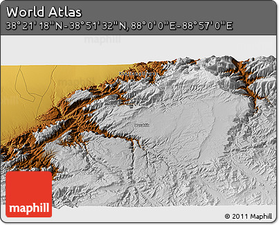 Physical 3D Map of the Area around 38° 36' 25" N, 88° 28' 29" E