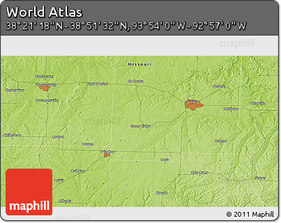 Physical 3D Map of the Area around 38° 36' 25" N, 93° 25' 30" W