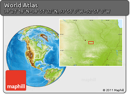 Physical Location Map of the Area around 38° 36' 25" N, 93° 25' 30" W